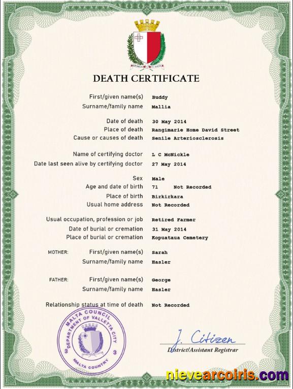 Malta vital record death certificate